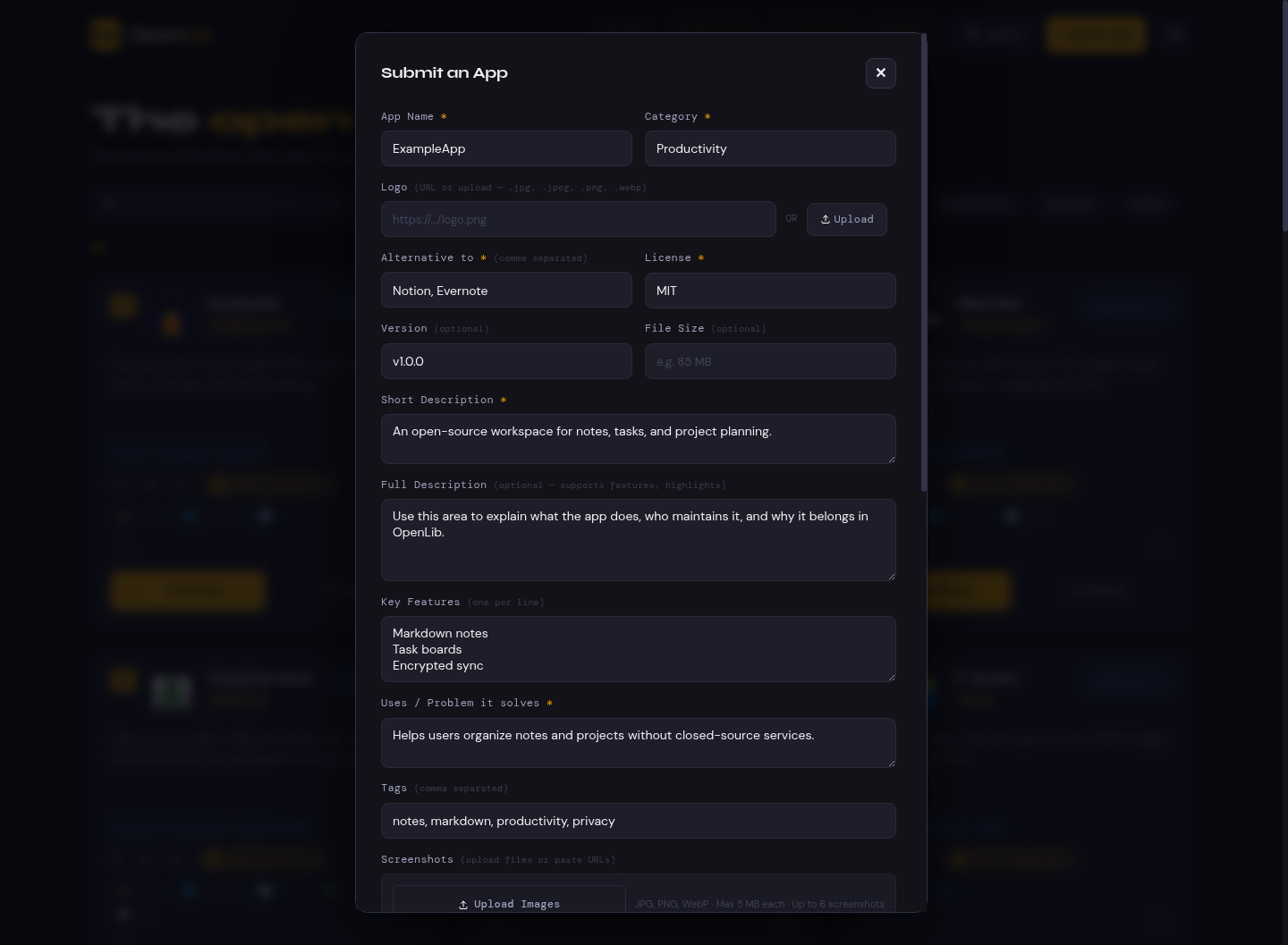 Submit App form with example app metadata